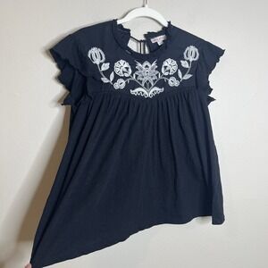 Black White Embroidered Top Floral Boho Classic Knox Rose Flutter Sleeve Cottage